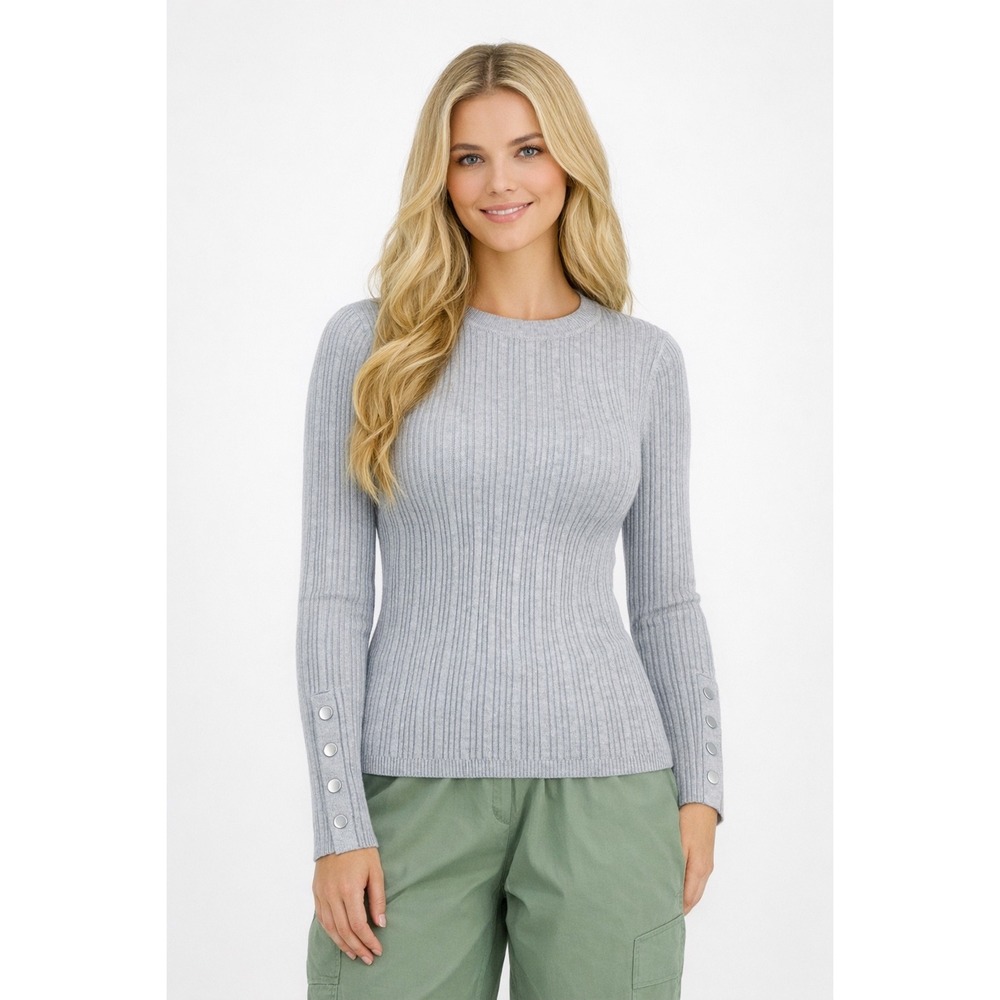 Hooked Up Womens Ribbed Knit Button Cuff Sweater Light Heather Grey XS‎